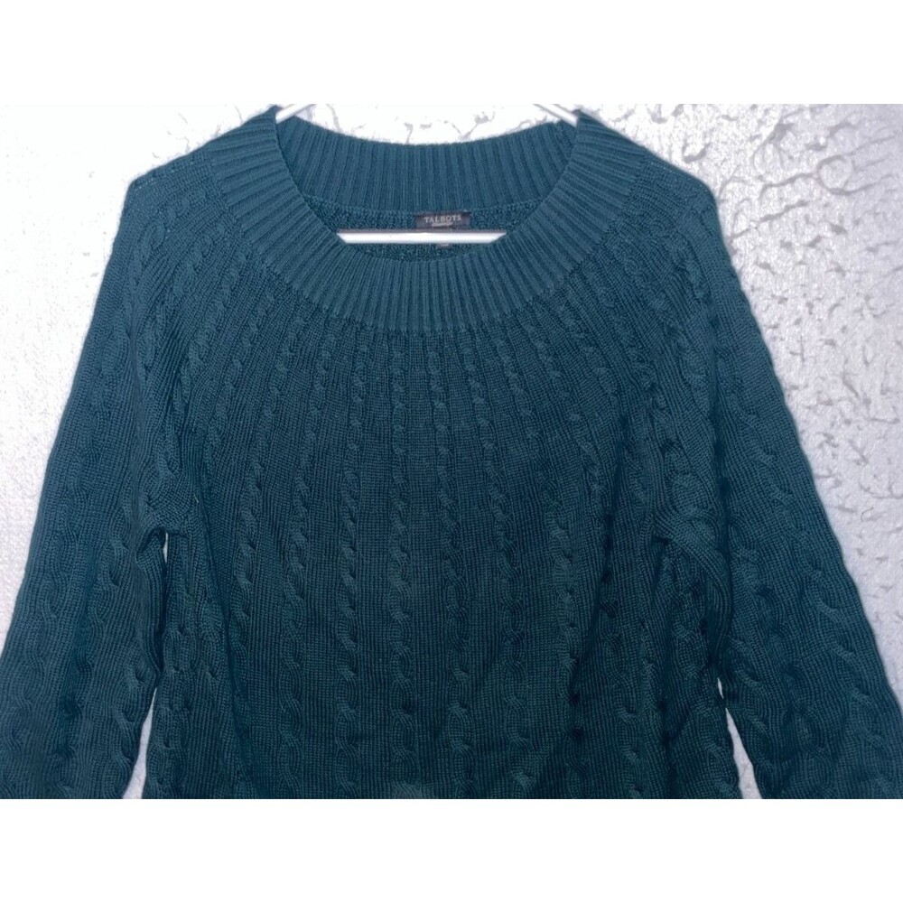 Talbots 100% Cotton Womens L Green Cable-Knit Long Sleeve Pullover Sweater